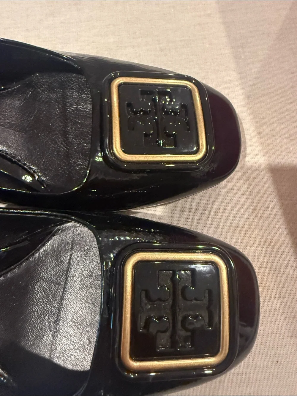 Tory Burch Georgia Black Patent Slingback Heels with Gold Logo